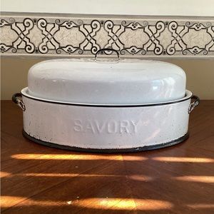 Vintage Savory White Enamel Roasting Pan